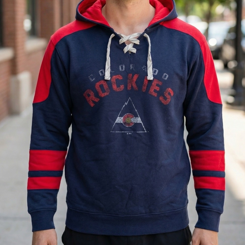 NHL Vintage Hockey Colorado Rockies Lace Up Hoodie Navy Red Mens‎ Small